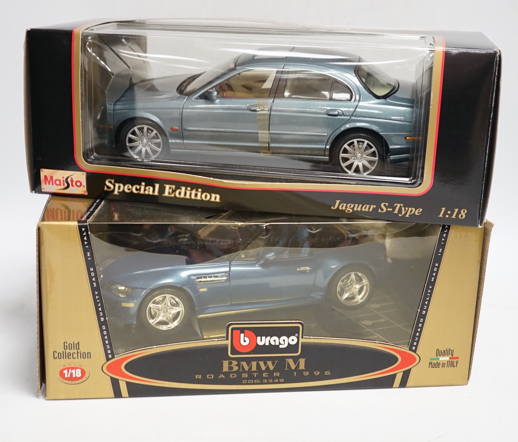 Five boxed 1:18 model cars by Maisto and Bburago; Jaguar S-Type, Jaguar XKR, Ferrari 550 maranello, Mercedes-Benz SLK 230 and a BWM M roadster